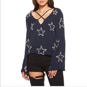 Chaser NWT Women’s Starry Night Long Bell‎ Sleeve Embellished Top Sz M